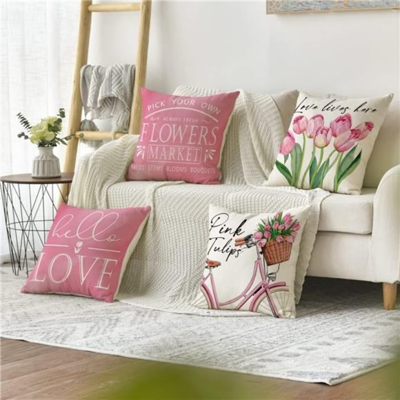 Floral Decorative Throw Pillow Covers Pink Accent Cases Cottage Spring Decor 18" - Picture 7 of 9